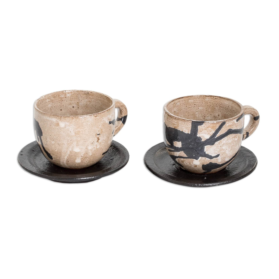 Two Modern Hand-Painted Ceramic Coffee Cups from Honduras - Cappuccino