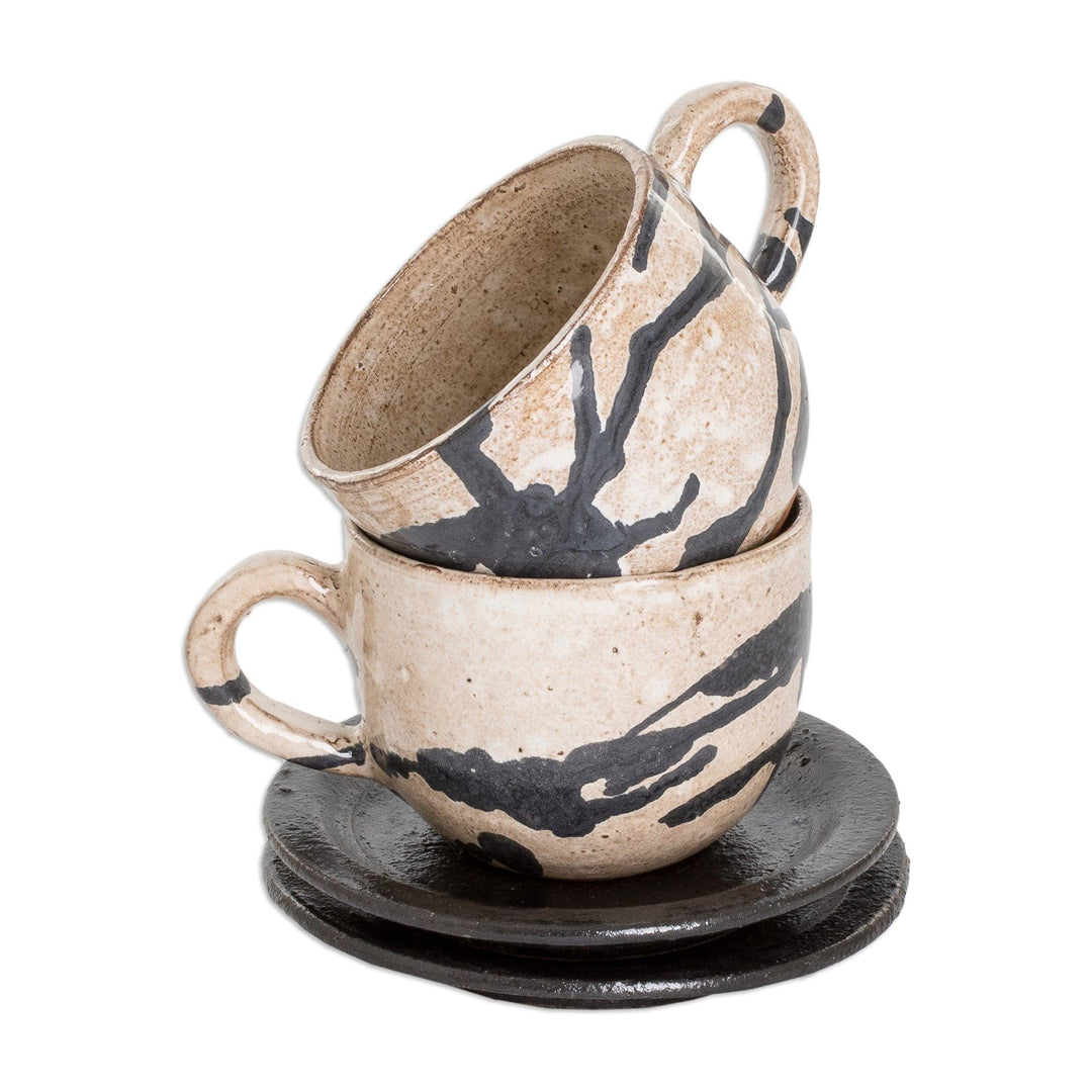 Two Modern Hand-Painted Ceramic Coffee Cups from Honduras - Cappuccino