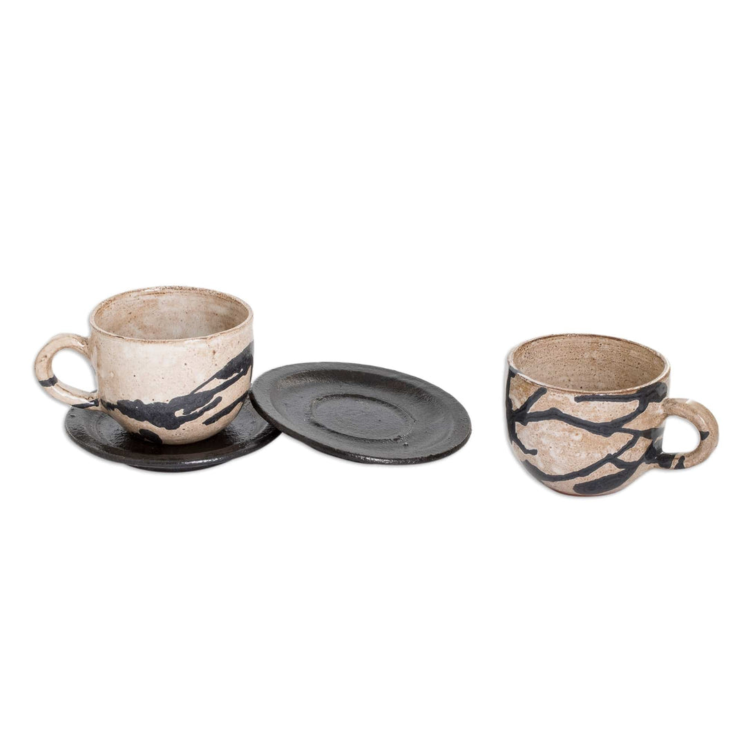 Two Modern Hand-Painted Ceramic Coffee Cups from Honduras - Cappuccino