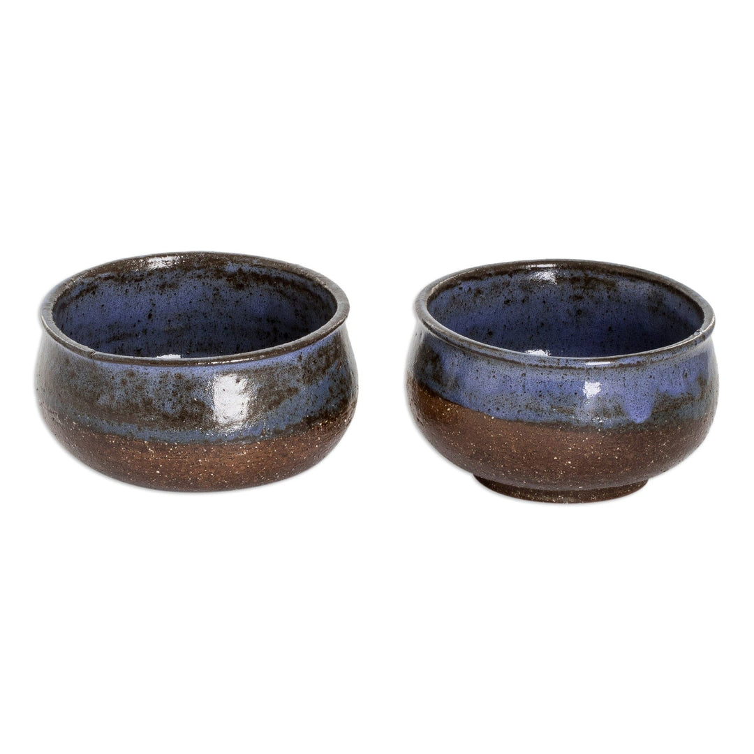 Two Brown and Blue Ceramic Dessert Bowls with Antique Finish - Culinary Delights