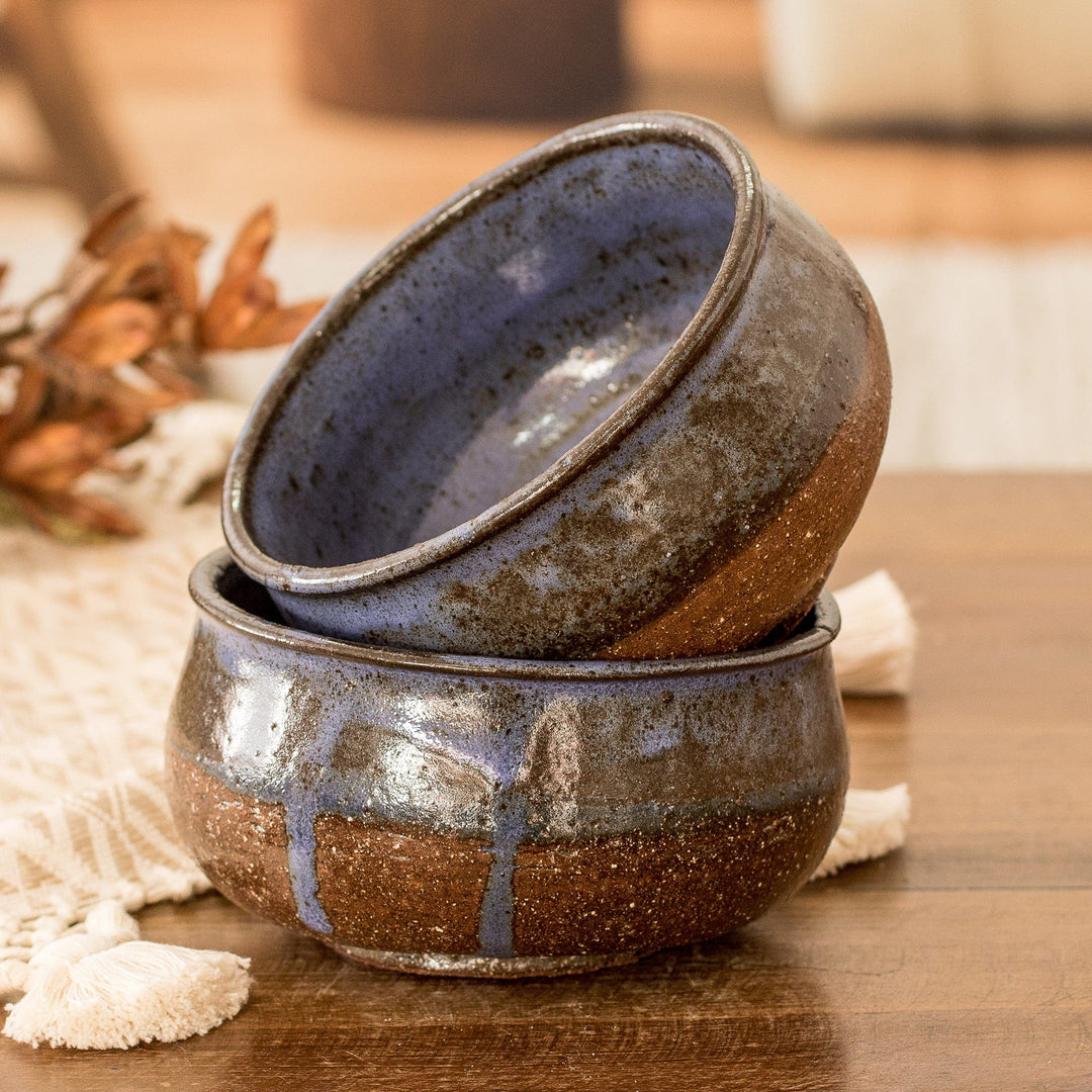 Two Brown and Blue Ceramic Dessert Bowls with Antique Finish - Culinary Delights