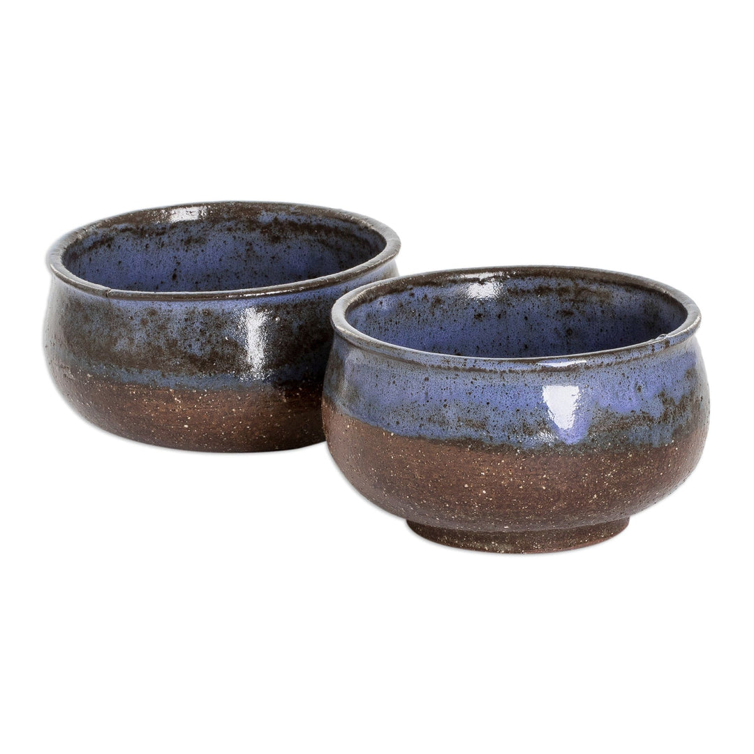 Two Brown and Blue Ceramic Dessert Bowls with Antique Finish - Culinary Delights