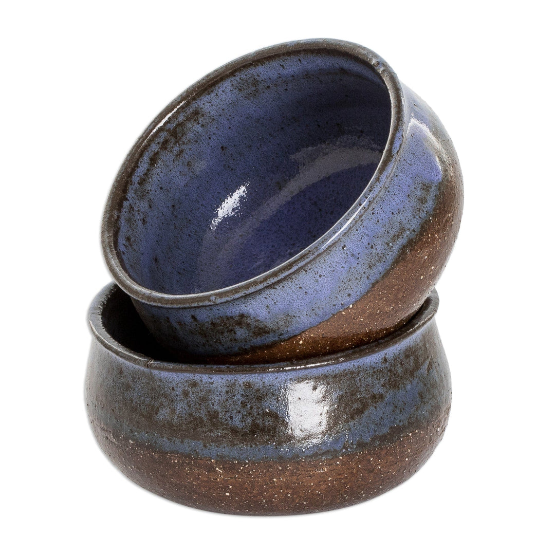 Two Brown and Blue Ceramic Dessert Bowls with Antique Finish - Culinary Delights