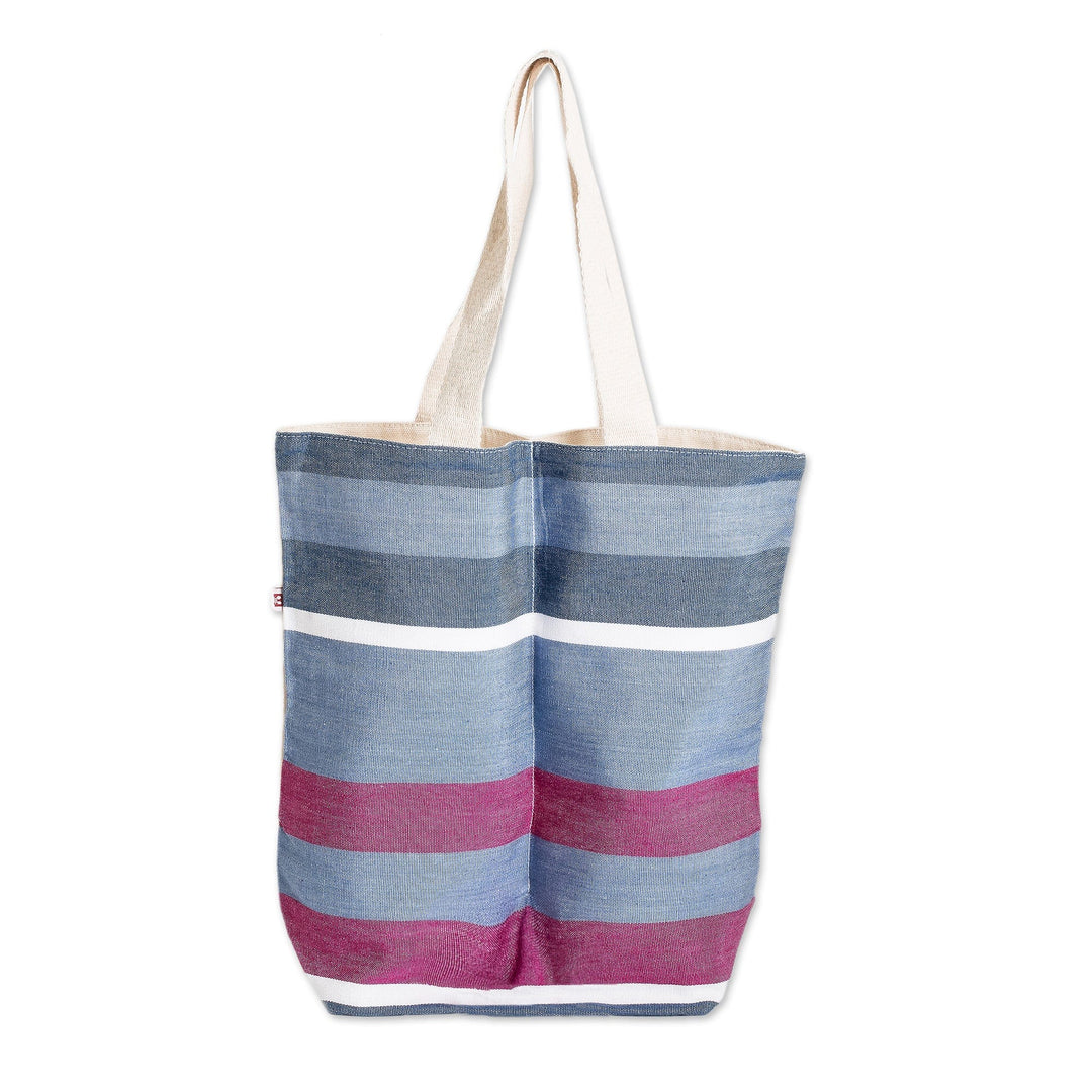 Handwoven Striped Blue White and Pink Cotton Wine Bottle Bag - Cheers to Me