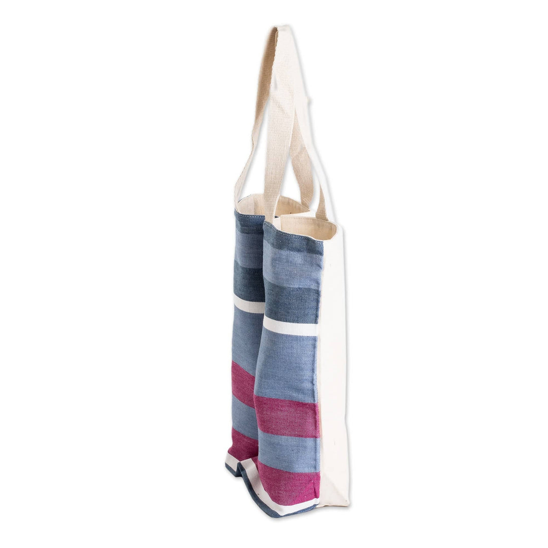 Handwoven Striped Blue White and Pink Cotton Wine Bottle Bag - Cheers to Me