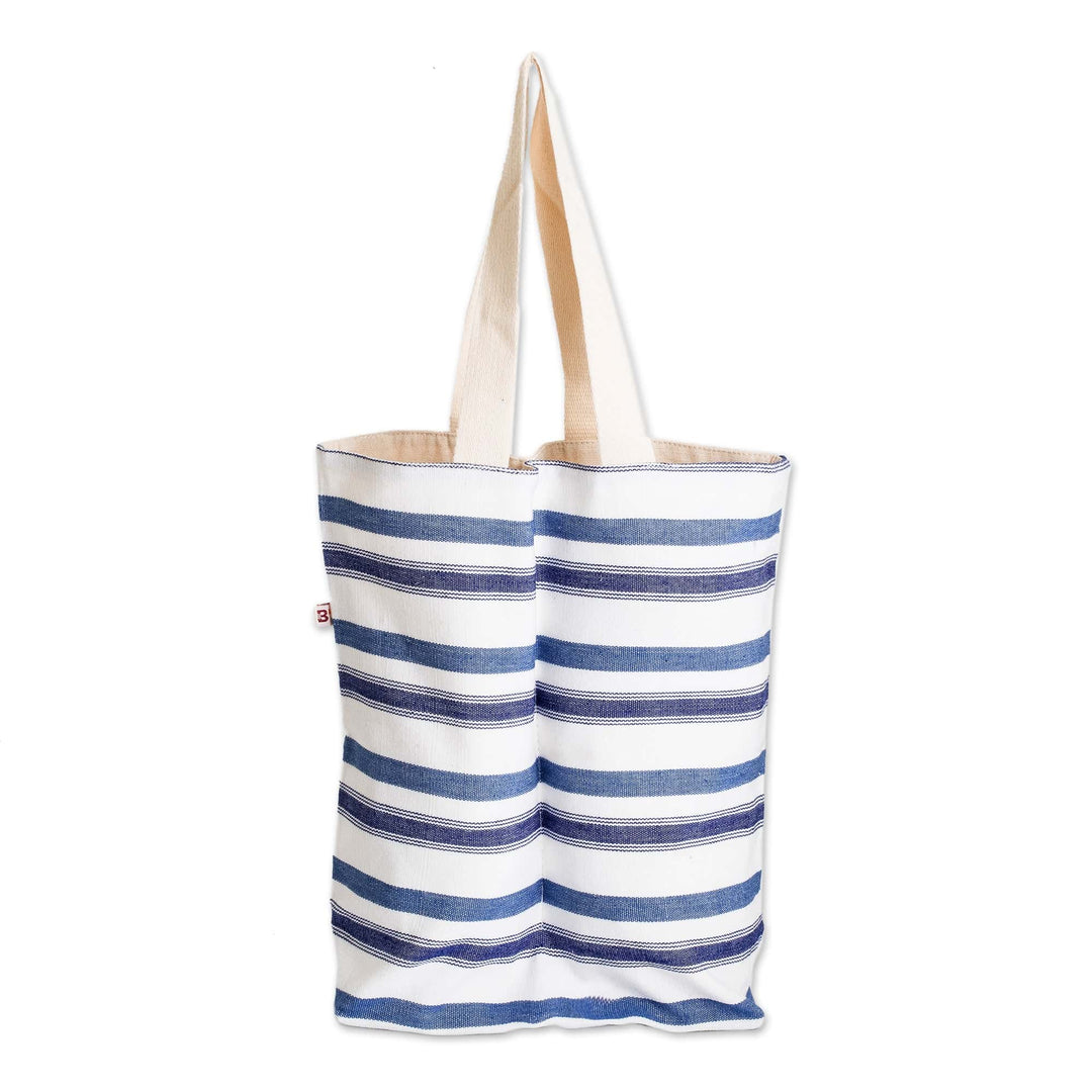 Handwoven Striped Cotton Wine Bottle Bag in Blue and White - Cheers to Us