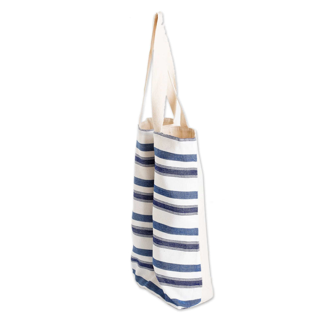 Handwoven Striped Cotton Wine Bottle Bag in Blue and White - Cheers to Us