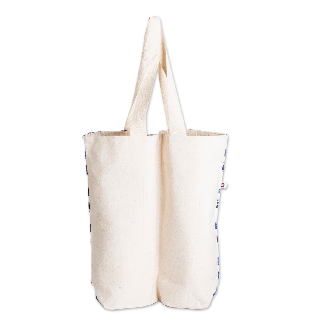 Handwoven Striped Cotton Wine Bottle Bag in Blue and White - Cheers to Us