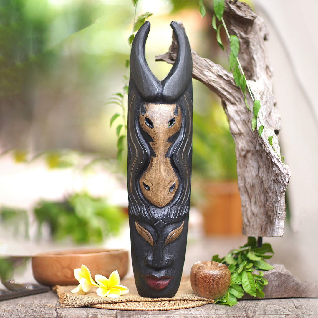 Classic Carved Buffalo Albesia Wood Wall Mask from Bali - Guardian Buffalo