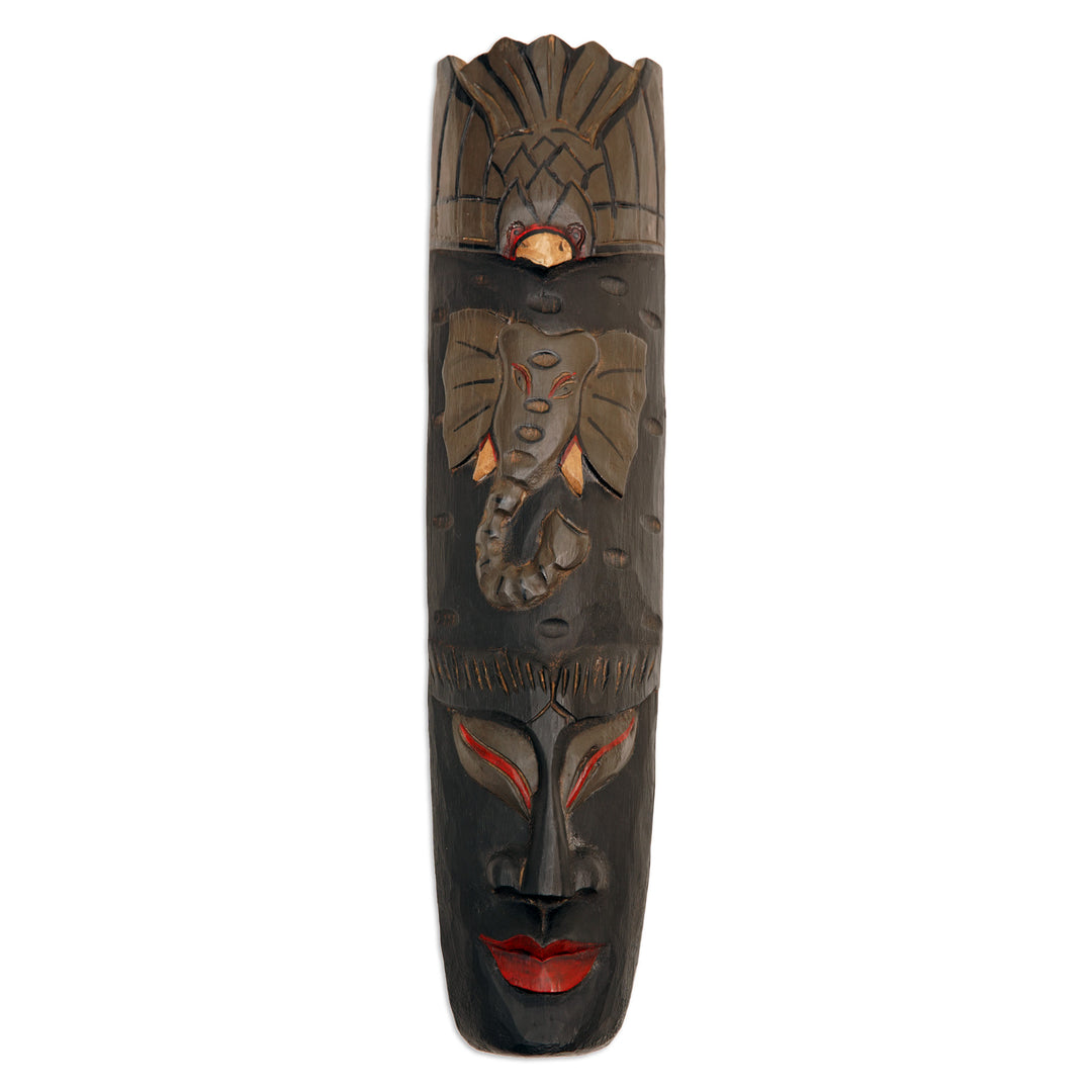 Traditional Carved Elephant-Themed Albesia Wood Wall Mask - Elephant Spirit