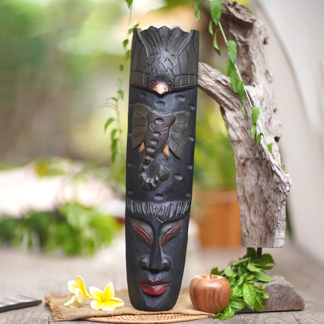 Traditional Carved Elephant-Themed Albesia Wood Wall Mask - Elephant Spirit
