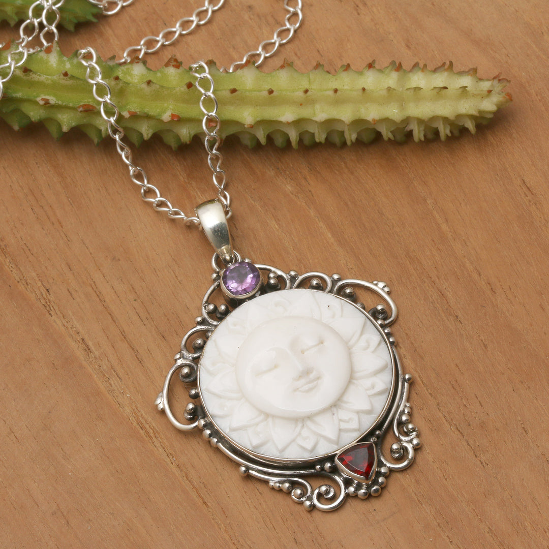 Sunflower-Themed Amethyst and Garnet Pendant Necklace - Sunflower Queen