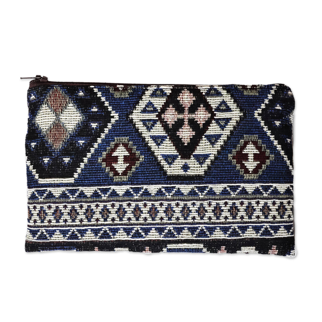 Classic Geometric-Patterned Blue Cotton Cosmetic Bag - True Armenia