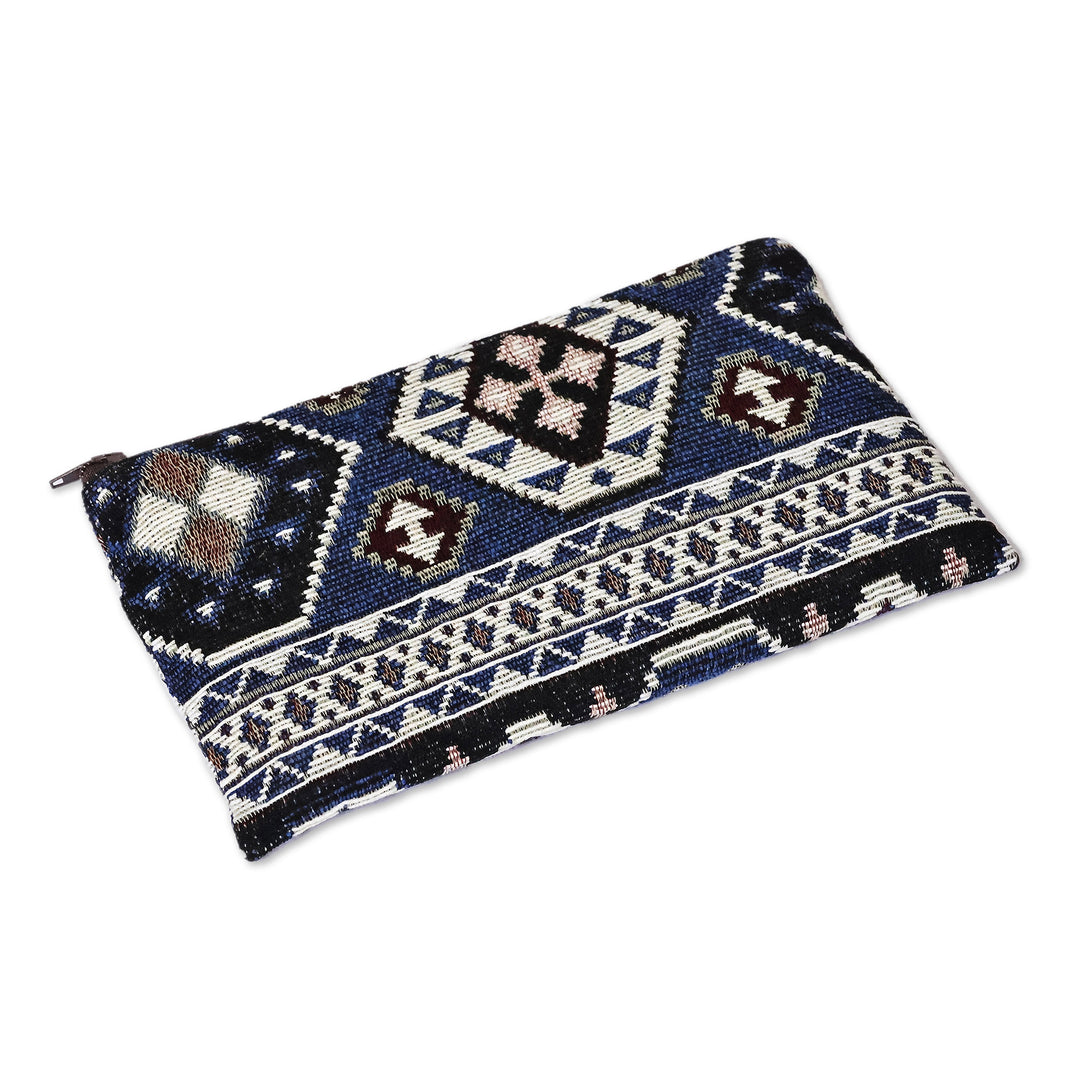 Classic Geometric-Patterned Blue Cotton Cosmetic Bag - True Armenia