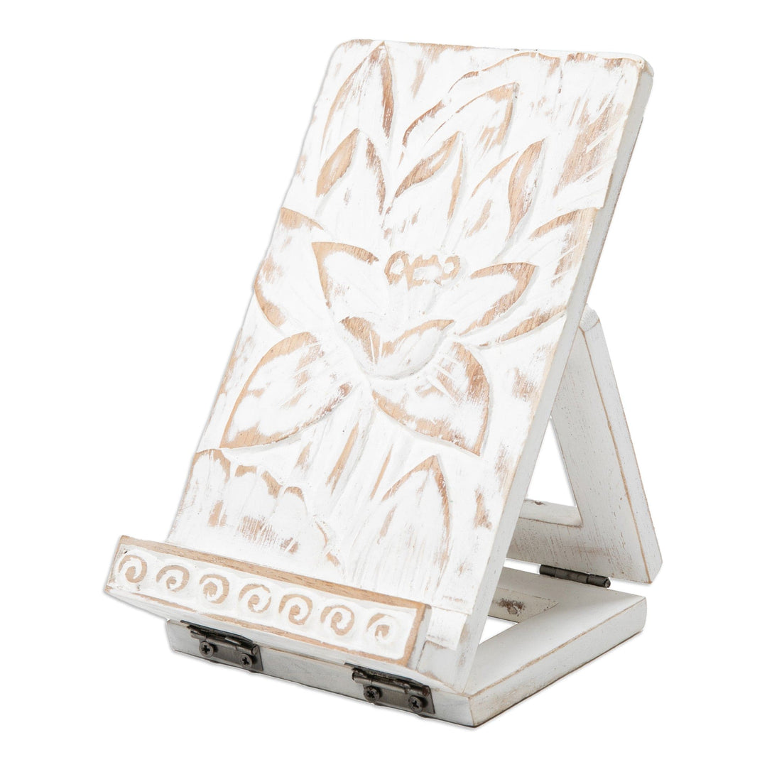 Distressed Wood Tablet Stand with Lotus Flower Motif - Magical Lotus