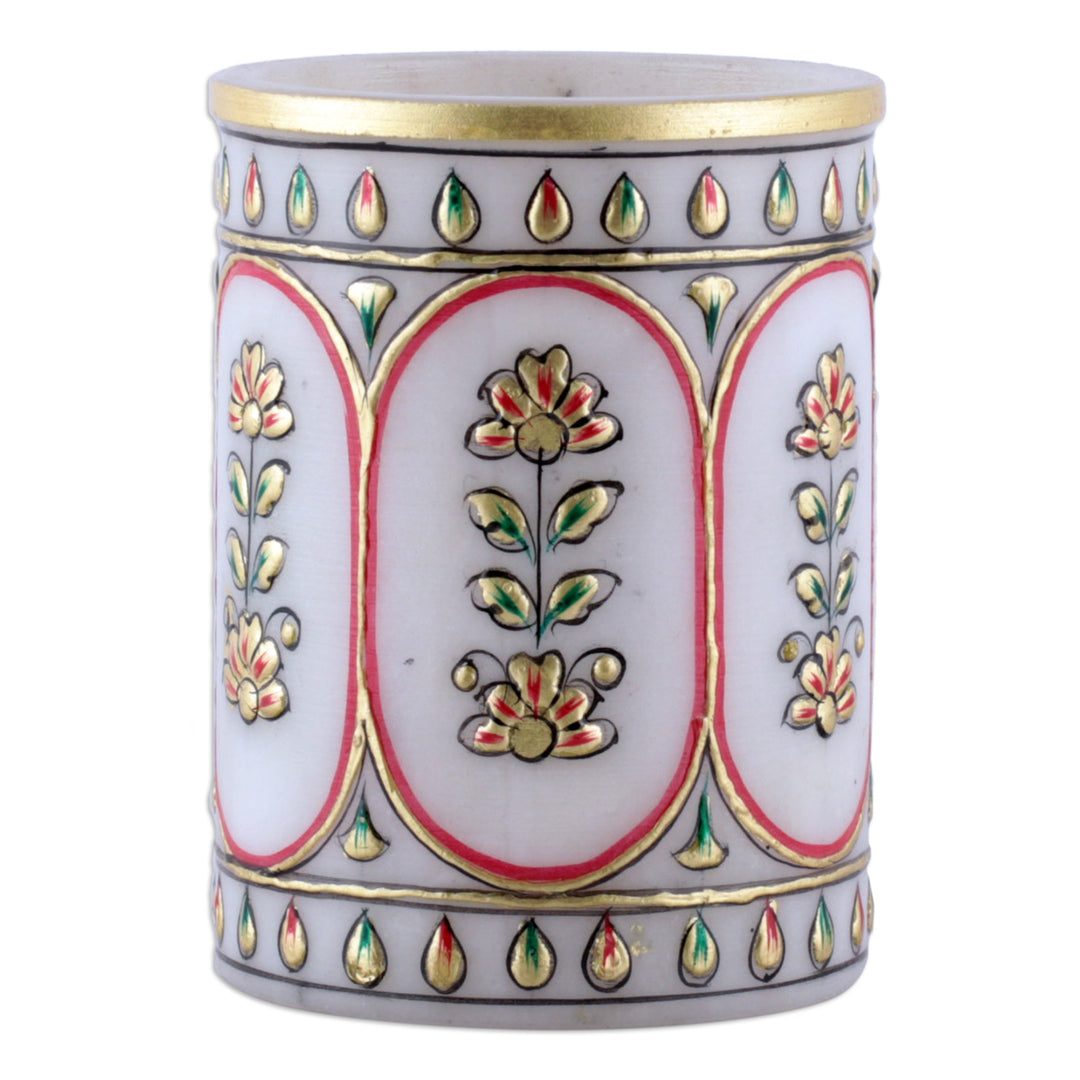 Traditional Floral Golden and Red Marble Pen Holder - Palatial Windows