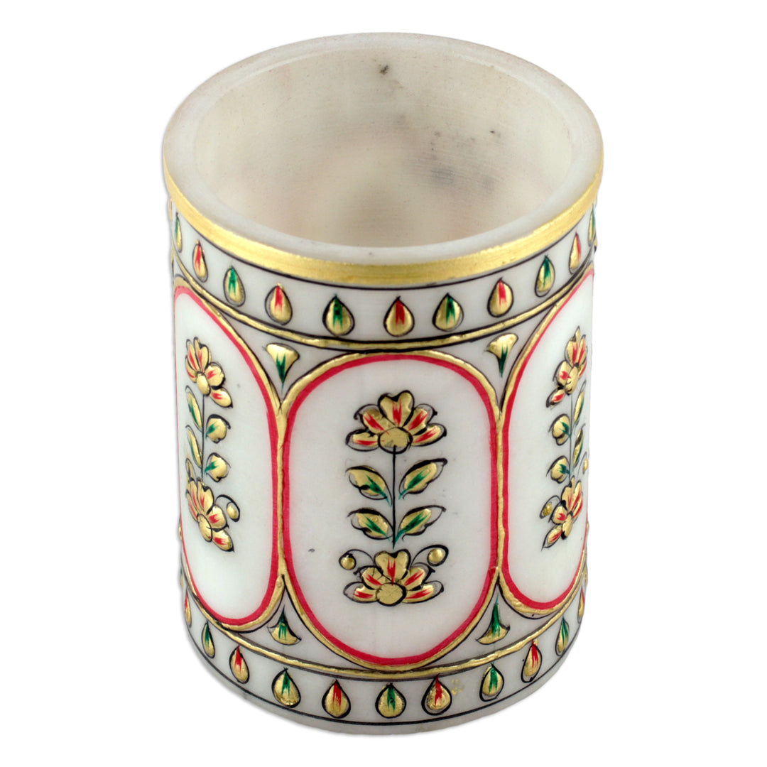 Traditional Floral Golden and Red Marble Pen Holder - Palatial Windows