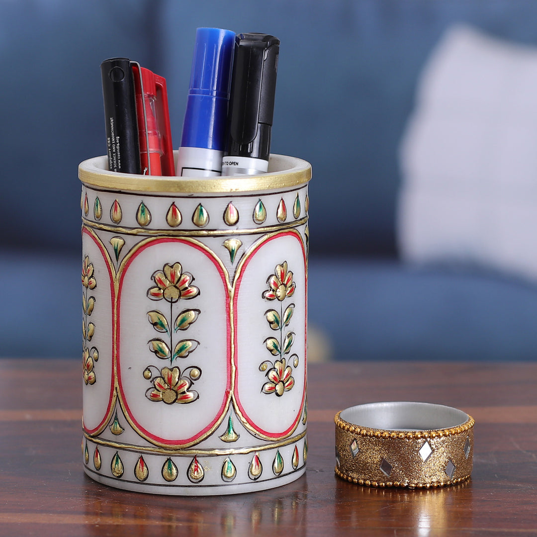Traditional Floral Golden and Red Marble Pen Holder - Palatial Windows