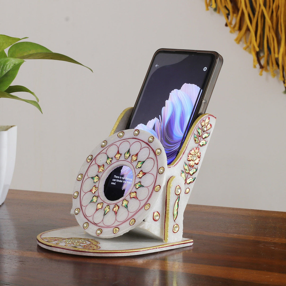 Beaded Marble Phone Holder with Hand-Painted Floral Motifs - Floral Aura