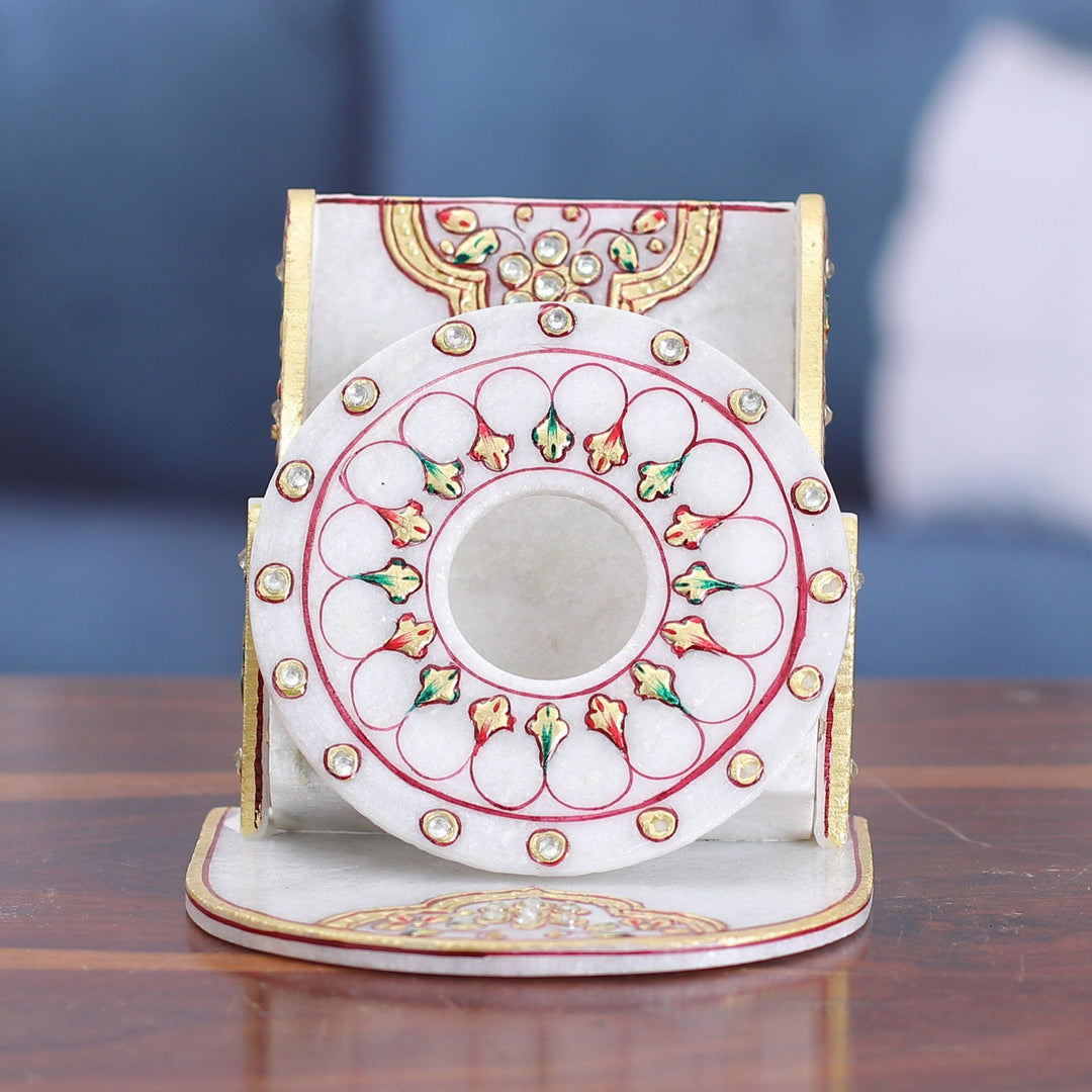 Beaded Marble Phone Holder with Hand-Painted Floral Motifs - Floral Aura