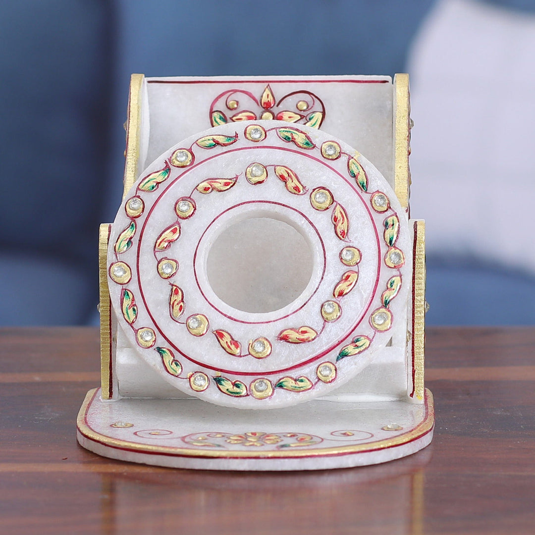 Beaded Marble Phone Holder with Hand-Painted Leaf Motifs - Leafy Aura