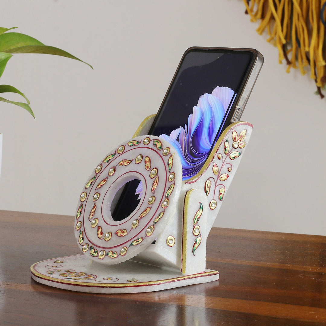 Beaded Marble Phone Holder with Hand-Painted Leaf Motifs - Leafy Aura