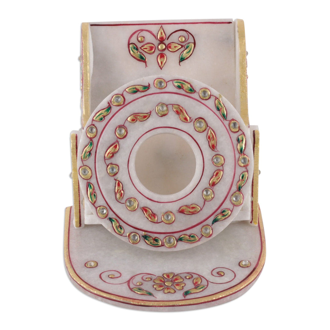 Beaded Marble Phone Holder with Hand-Painted Leaf Motifs - Leafy Aura