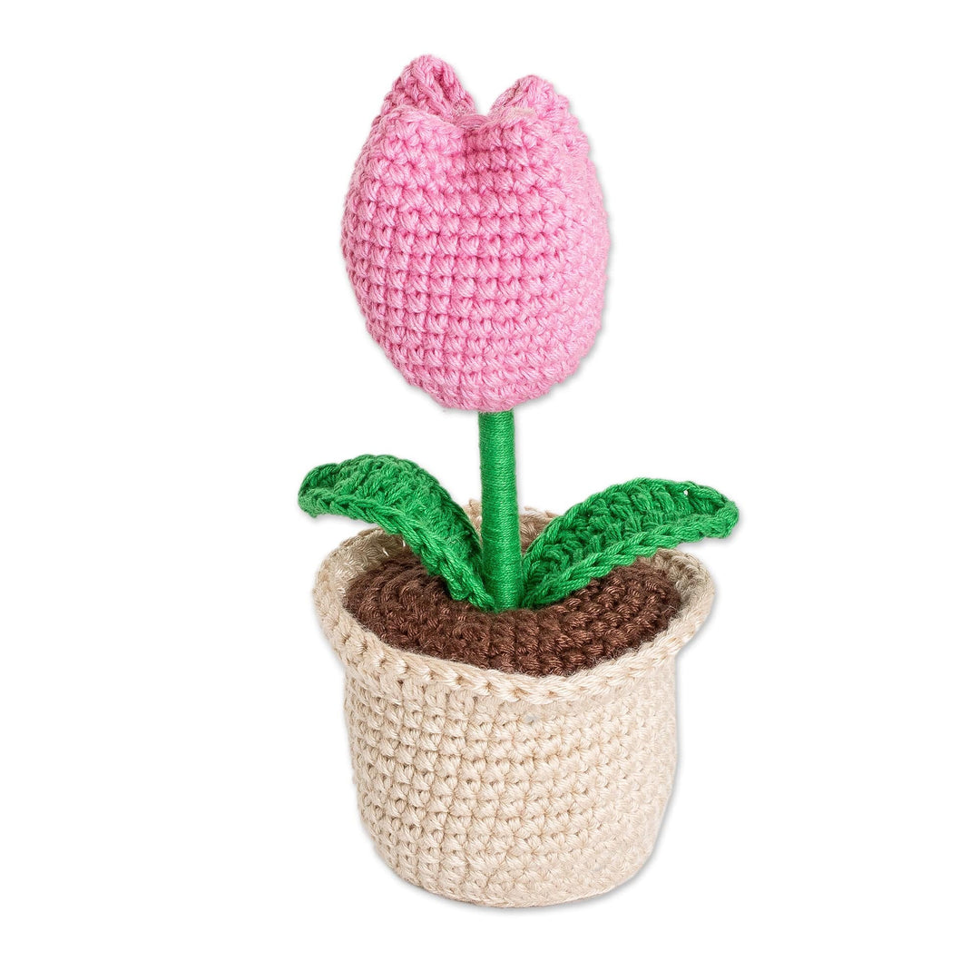 Crocheted Cotton Pink Tulip in Planter Decorative Accent - Tulip Love in Pink