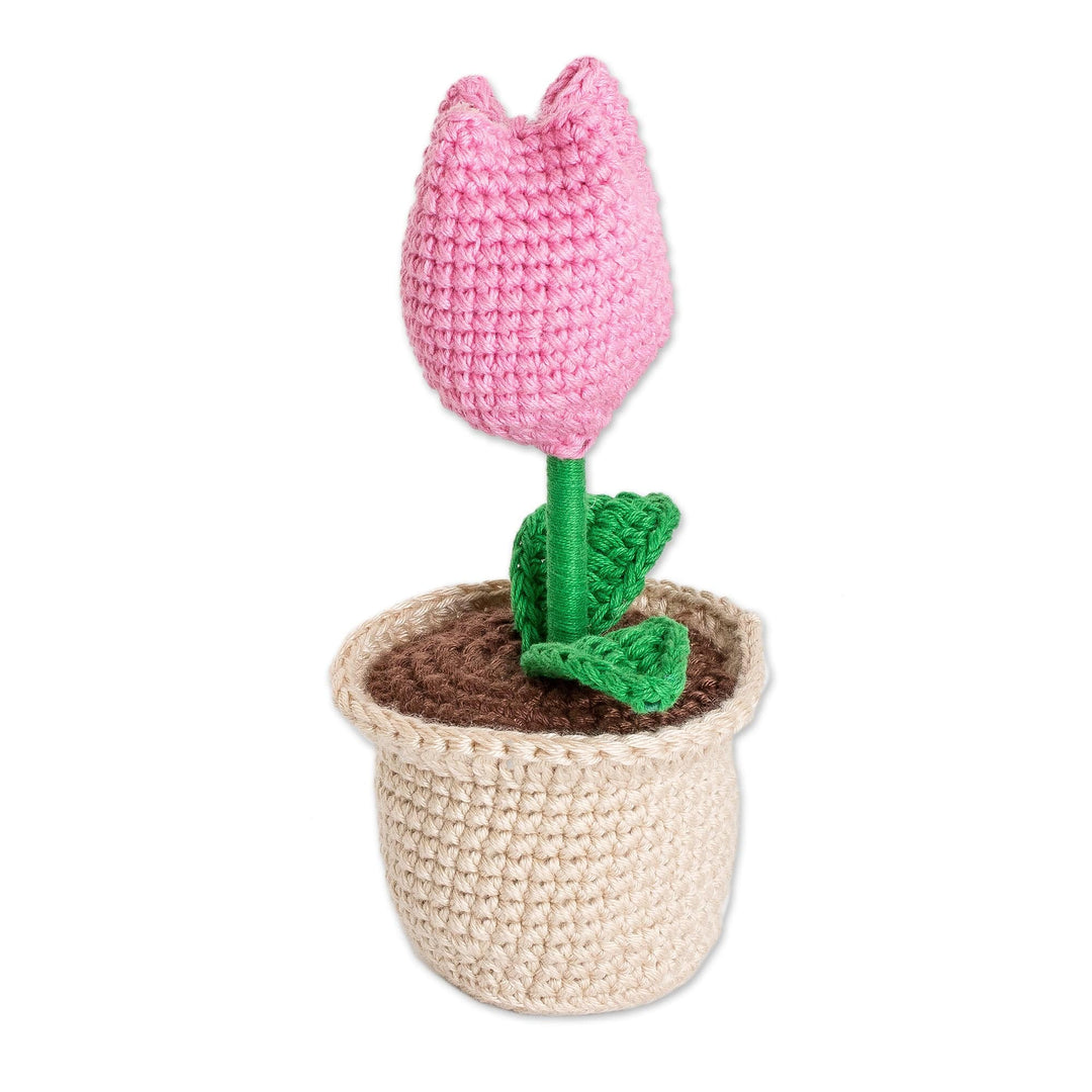Crocheted Cotton Pink Tulip in Planter Decorative Accent - Tulip Love in Pink
