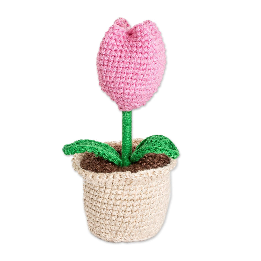 Crocheted Cotton Pink Tulip in Planter Decorative Accent - Tulip Love in Pink
