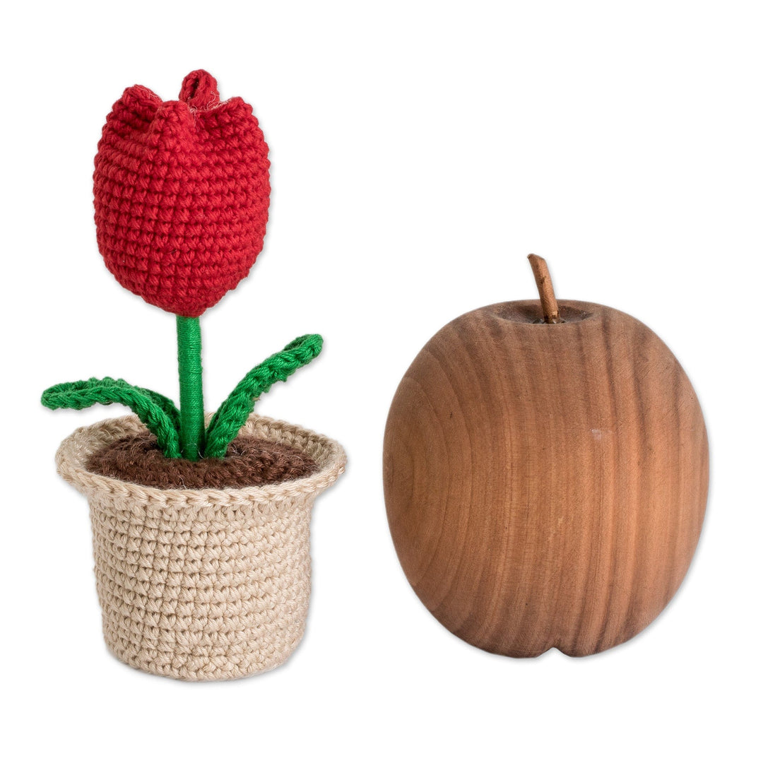Crocheted Cotton Red Tulip in Flower Pot Decorative Accent - Tulip Love in Red
