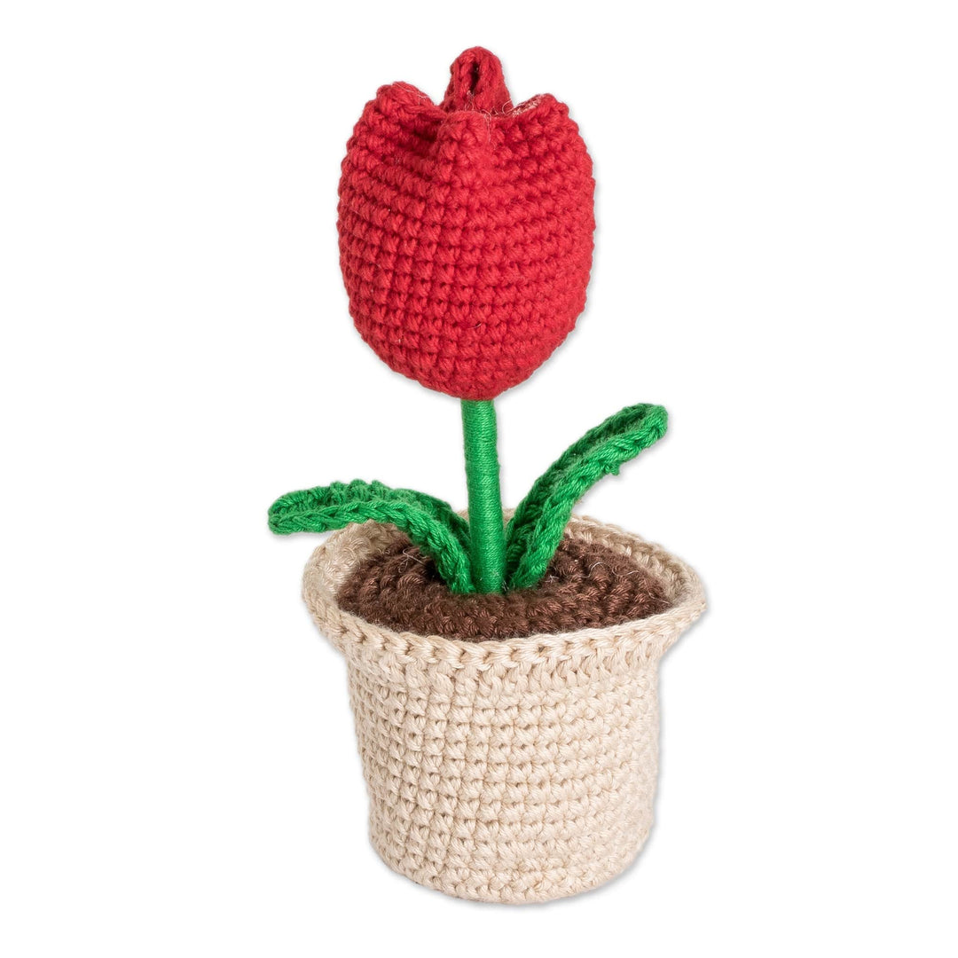 Crocheted Cotton Red Tulip in Flower Pot Decorative Accent - Tulip Love in Red