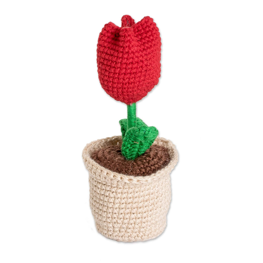 Crocheted Cotton Red Tulip in Flower Pot Decorative Accent - Tulip Love in Red