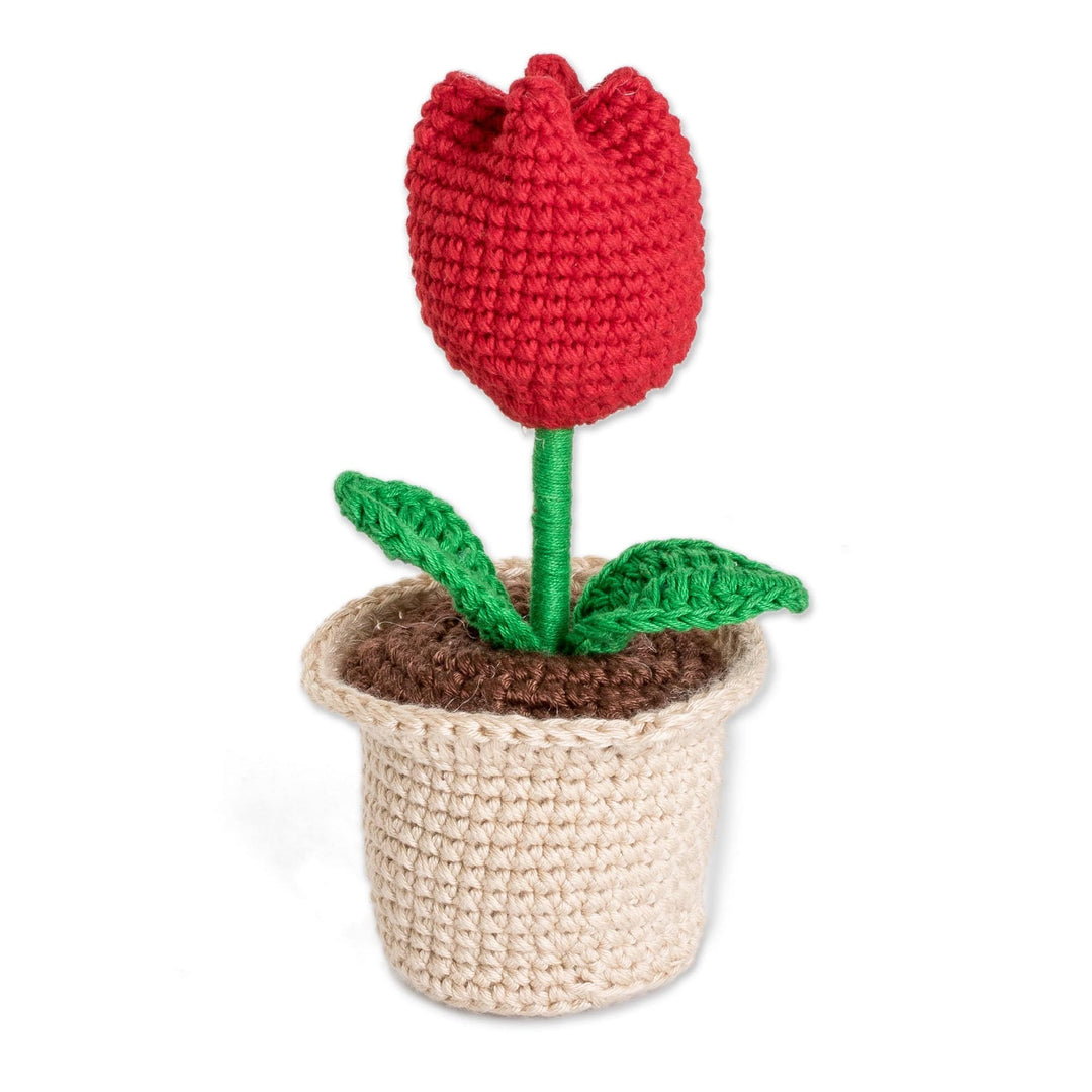 Crocheted Cotton Red Tulip in Flower Pot Decorative Accent - Tulip Love in Red