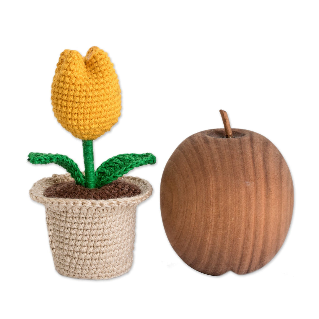 Crocheted Cotton Yellow Tulip in Planter Decorative Accent - Tulip Love in Yellow