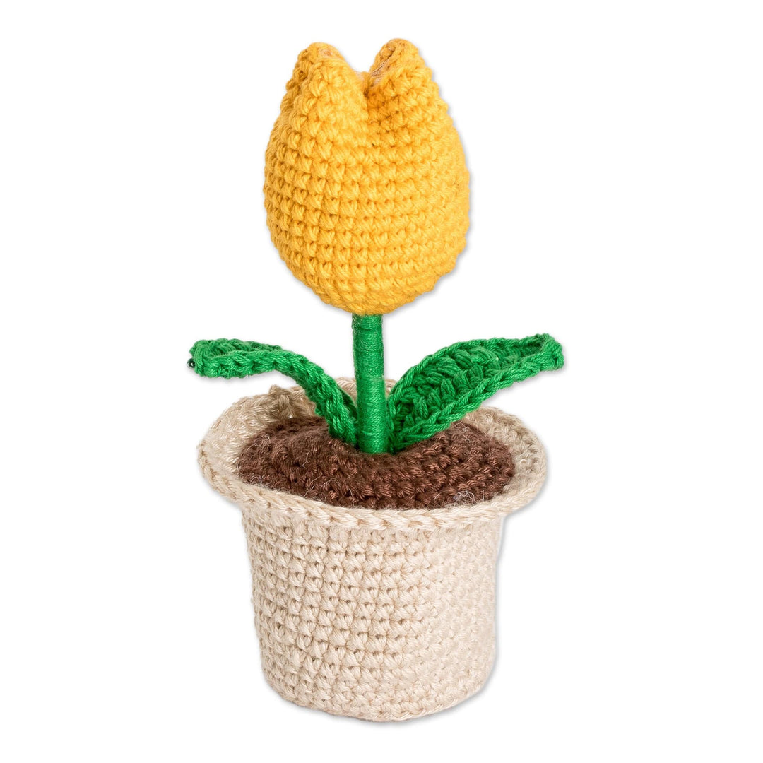 Crocheted Cotton Yellow Tulip in Planter Decorative Accent - Tulip Love in Yellow