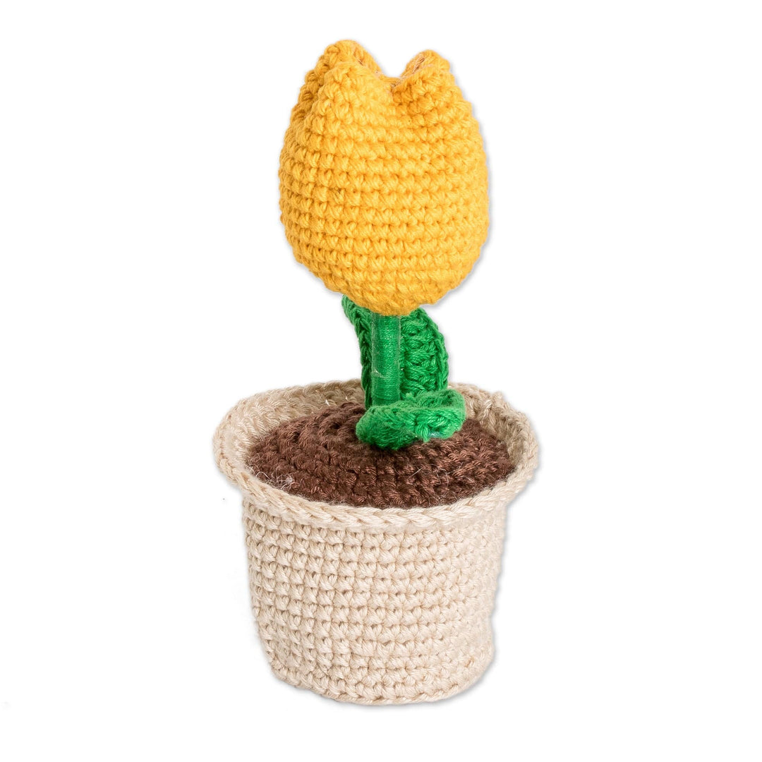 Crocheted Cotton Yellow Tulip in Planter Decorative Accent - Tulip Love in Yellow