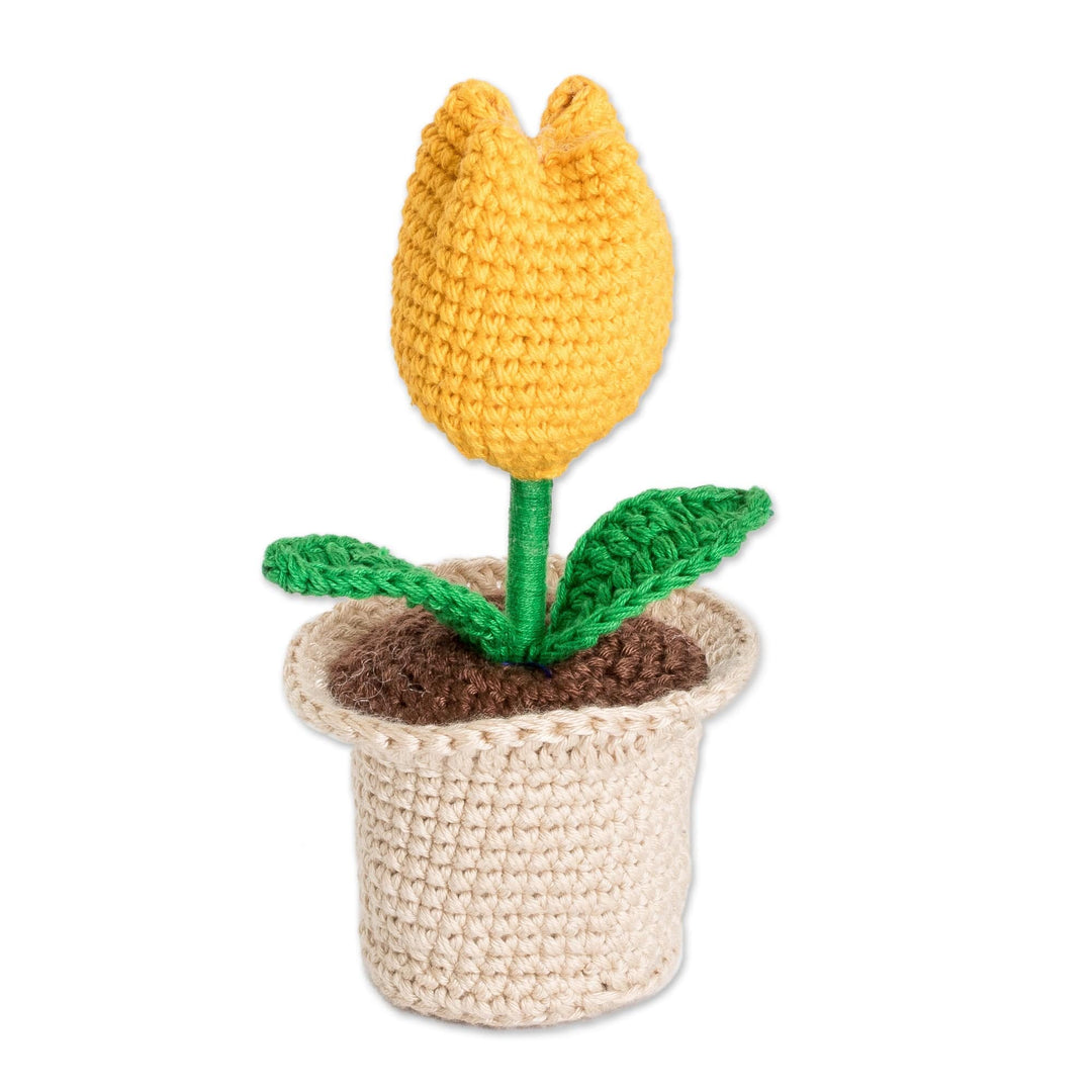 Crocheted Cotton Yellow Tulip in Planter Decorative Accent - Tulip Love in Yellow