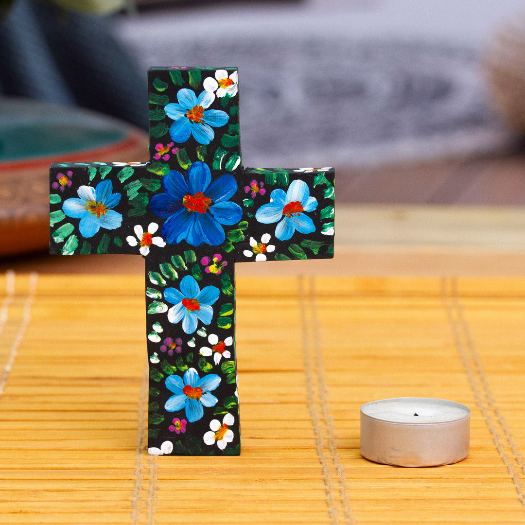Hand-Painted Floral Blue and Green Wood Cross from Mexico - Cyan Prayers
