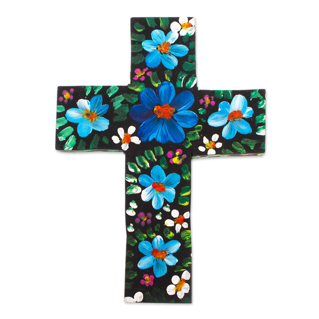Hand-Painted Floral Blue and Green Wood Cross from Mexico - Cyan Prayers