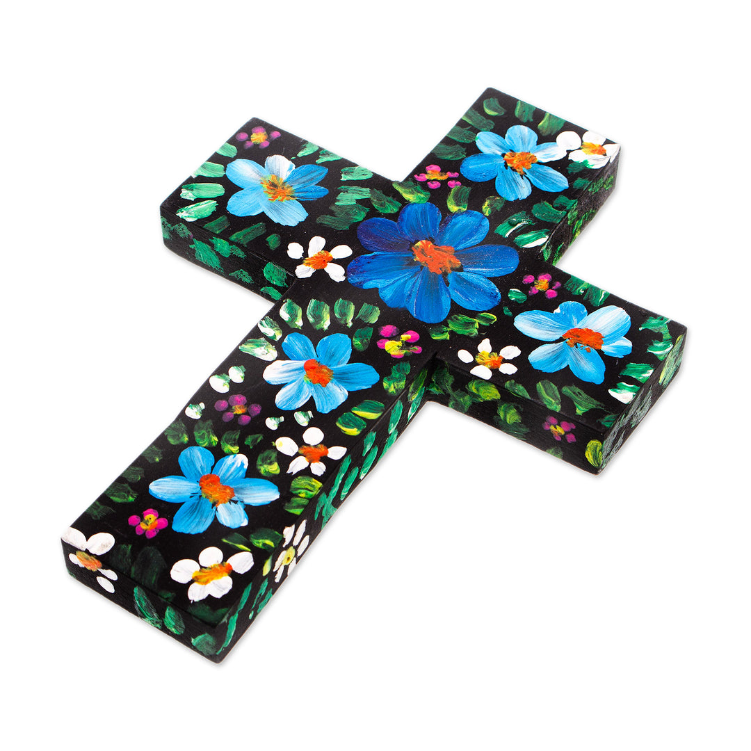 Hand-Painted Floral Blue and Green Wood Cross from Mexico - Cyan Prayers