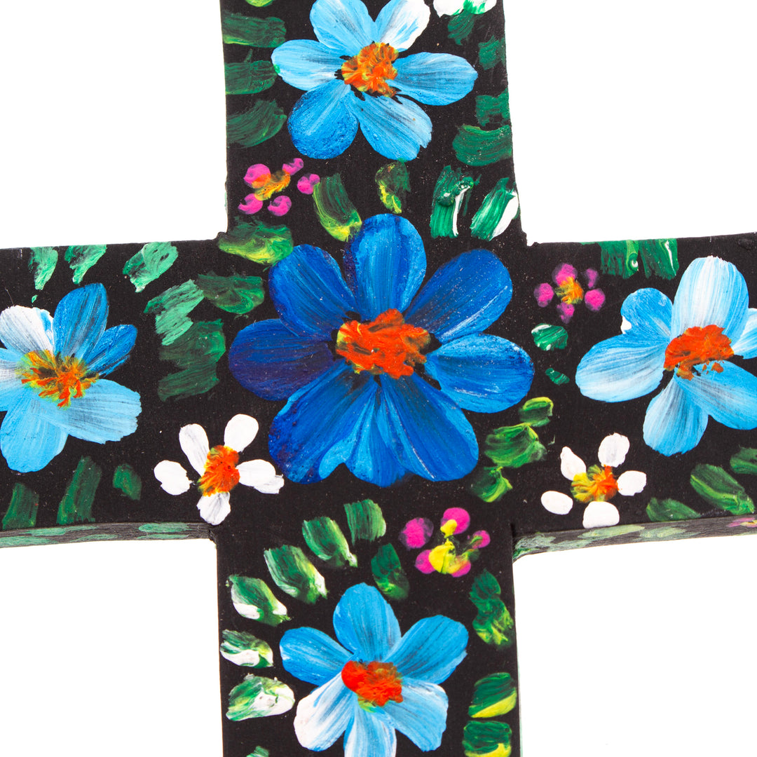 Hand-Painted Floral Blue and Green Wood Cross from Mexico - Cyan Prayers