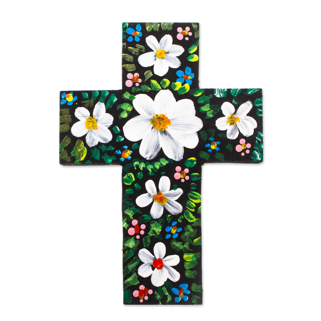Hand-Painted Floral White and Green Wood Cross from Mexico - Celestial Prayers