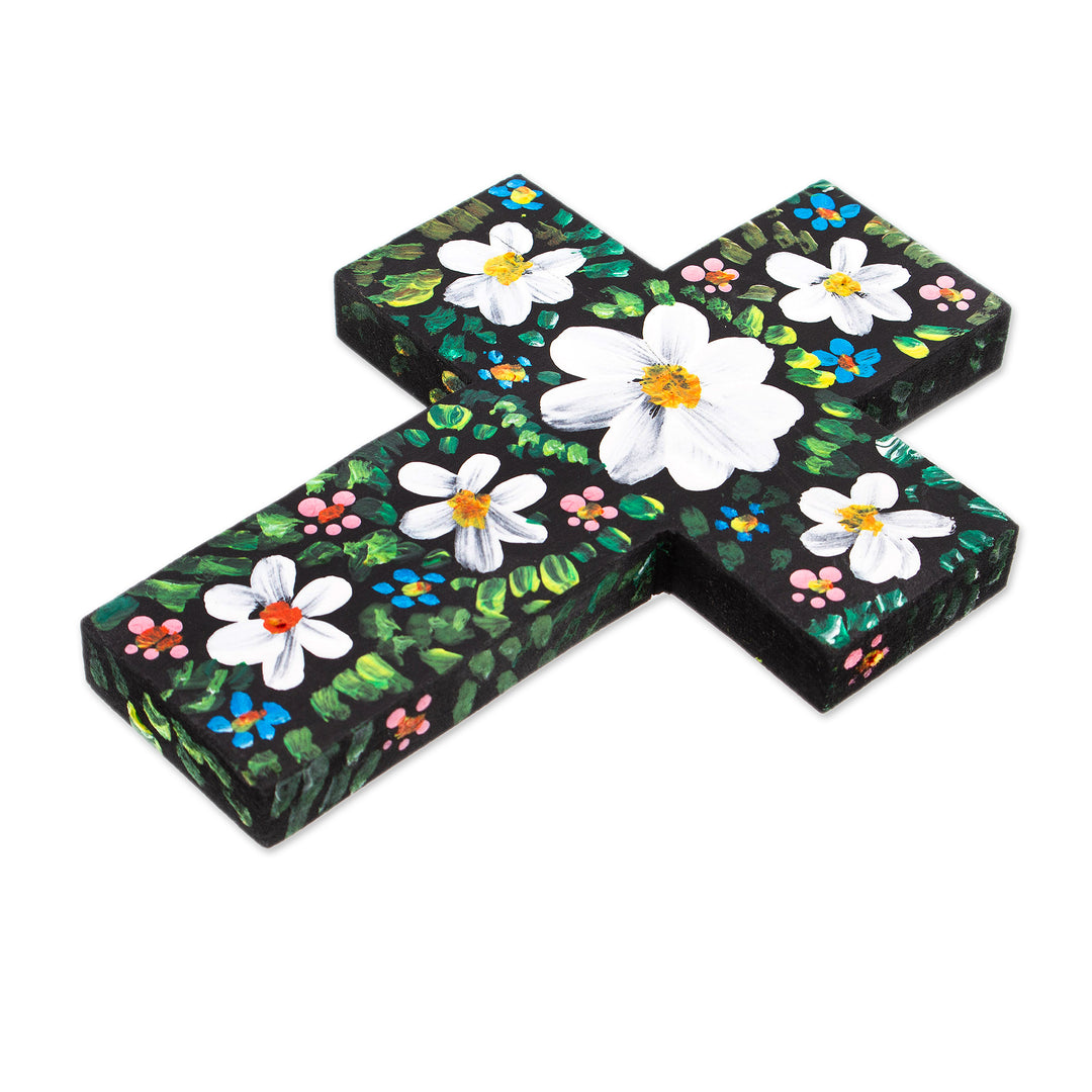 Hand-Painted Floral White and Green Wood Cross from Mexico - Celestial Prayers