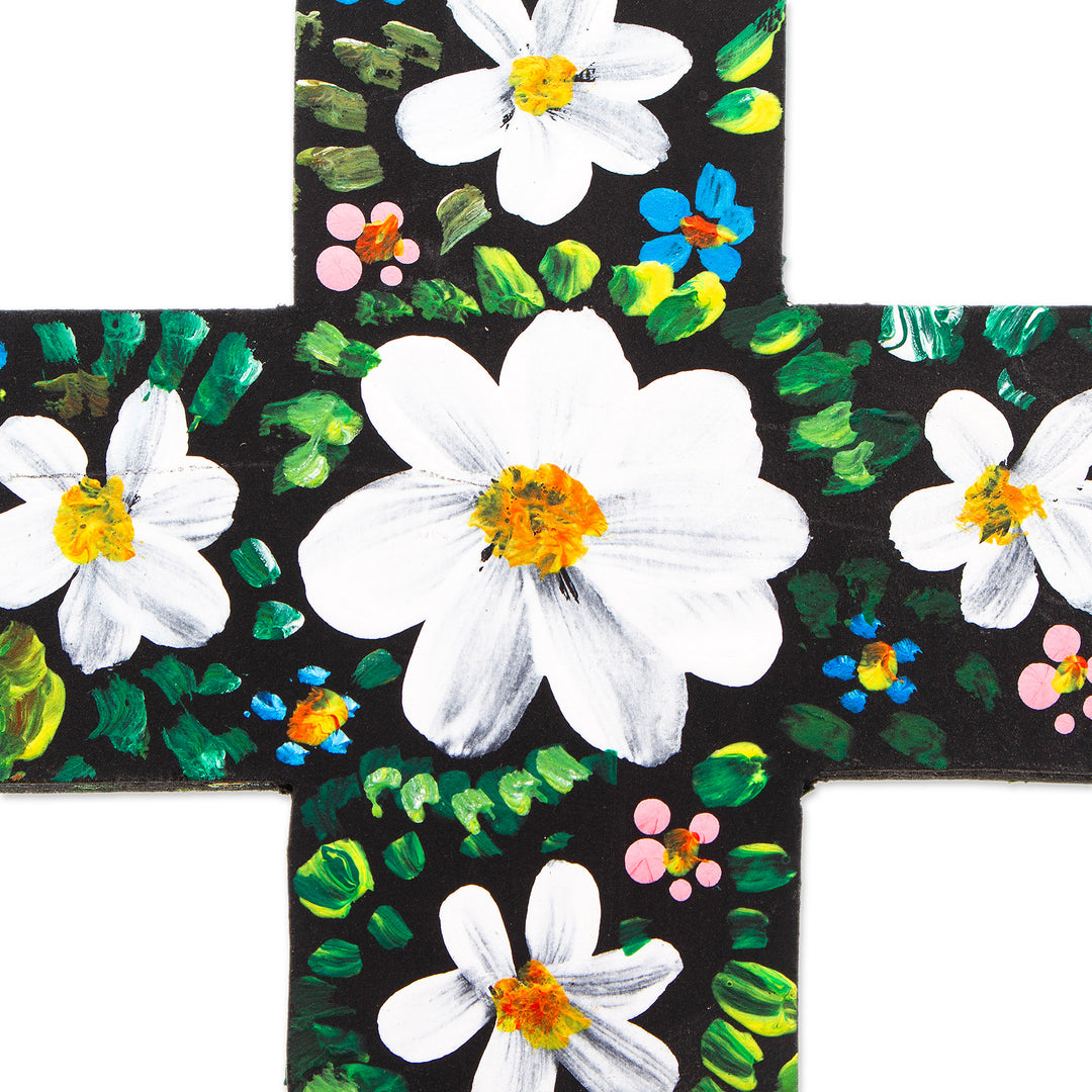 Hand-Painted Floral White and Green Wood Cross from Mexico - Celestial Prayers