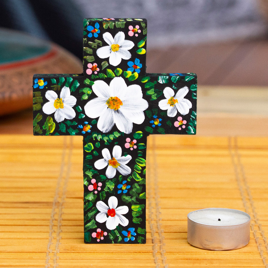Hand-Painted Floral White and Green Wood Cross from Mexico - Celestial Prayers