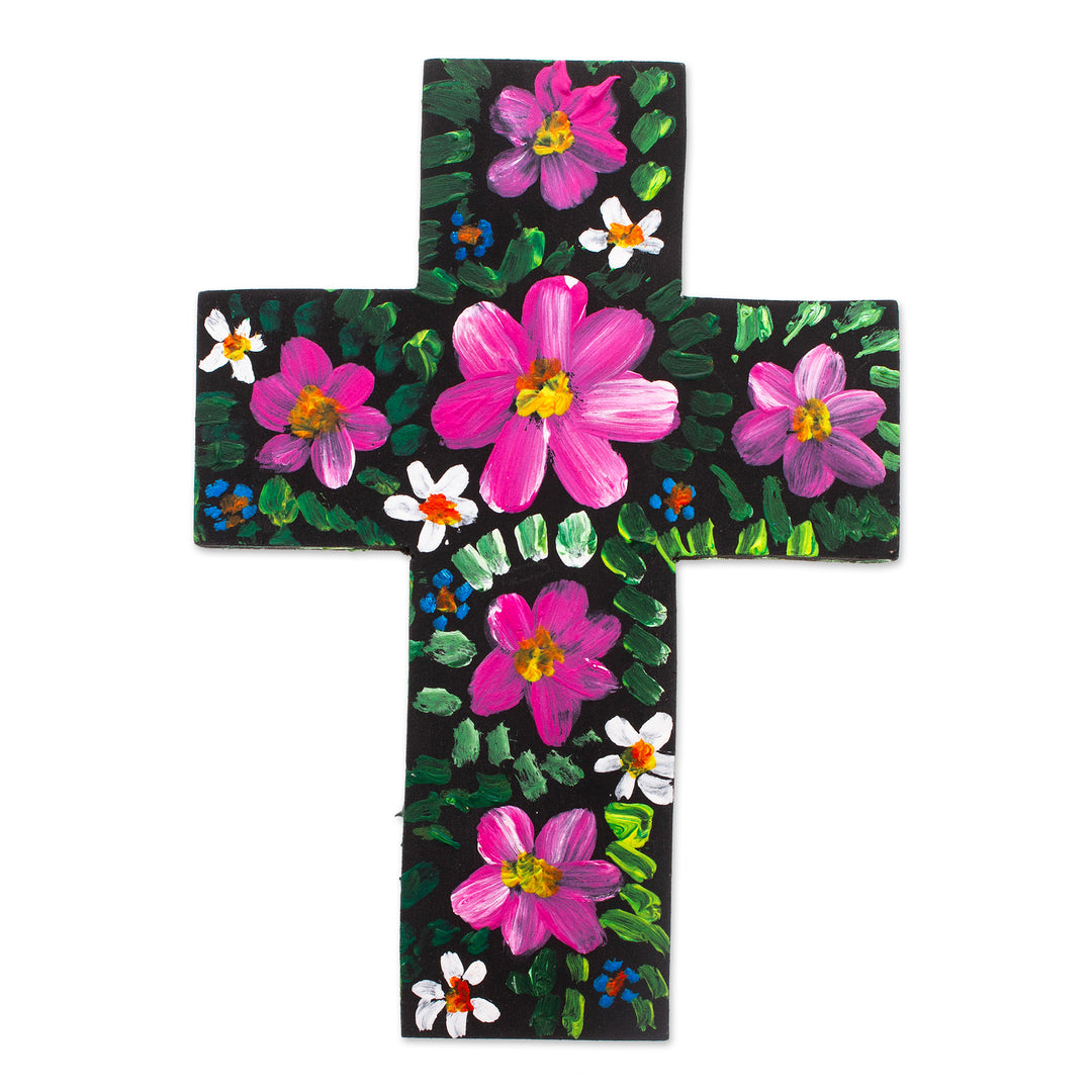 Hand-Painted Floral Magenta and Green Wood Cross from Mexico - Magenta Prayers