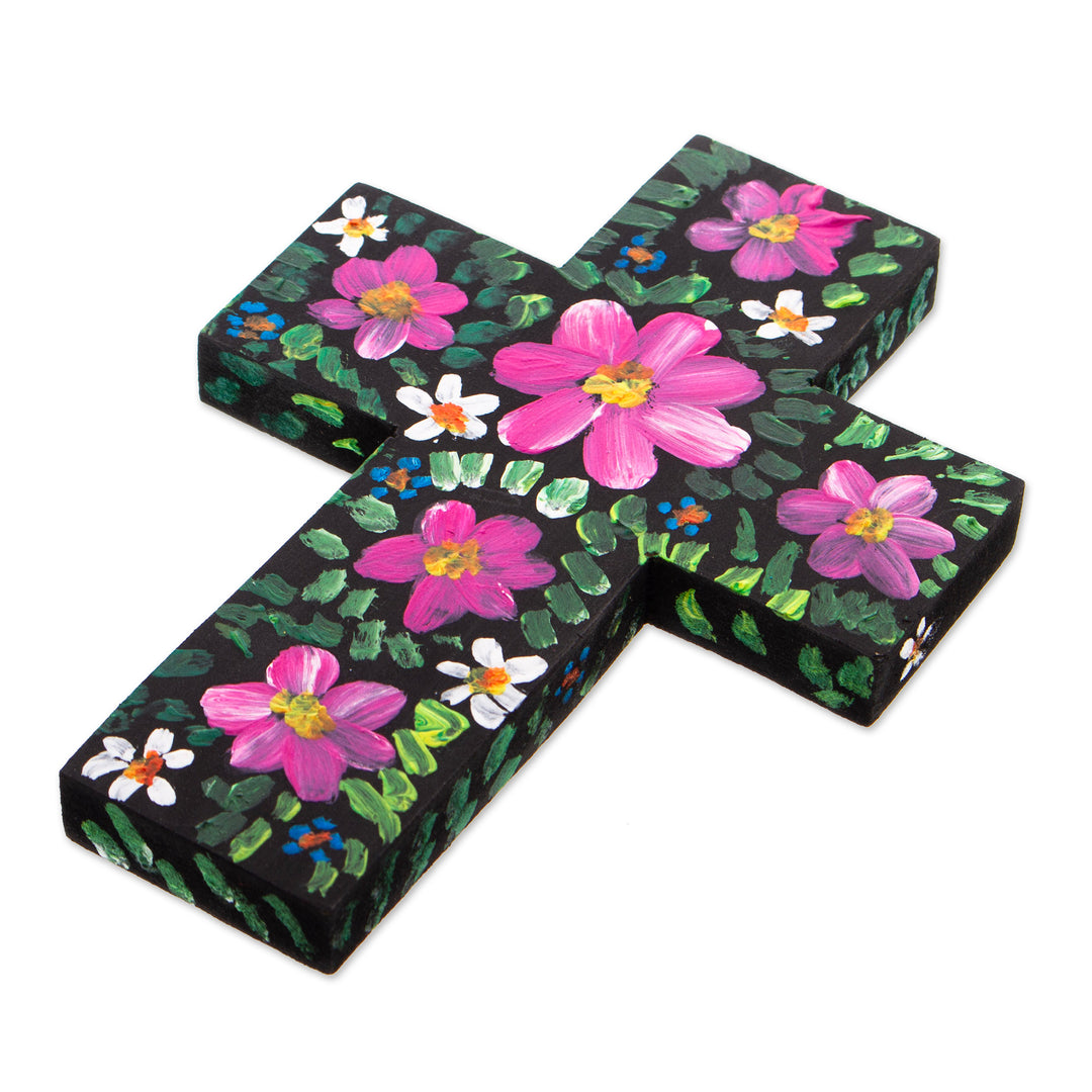 Hand-Painted Floral Magenta and Green Wood Cross from Mexico - Magenta Prayers