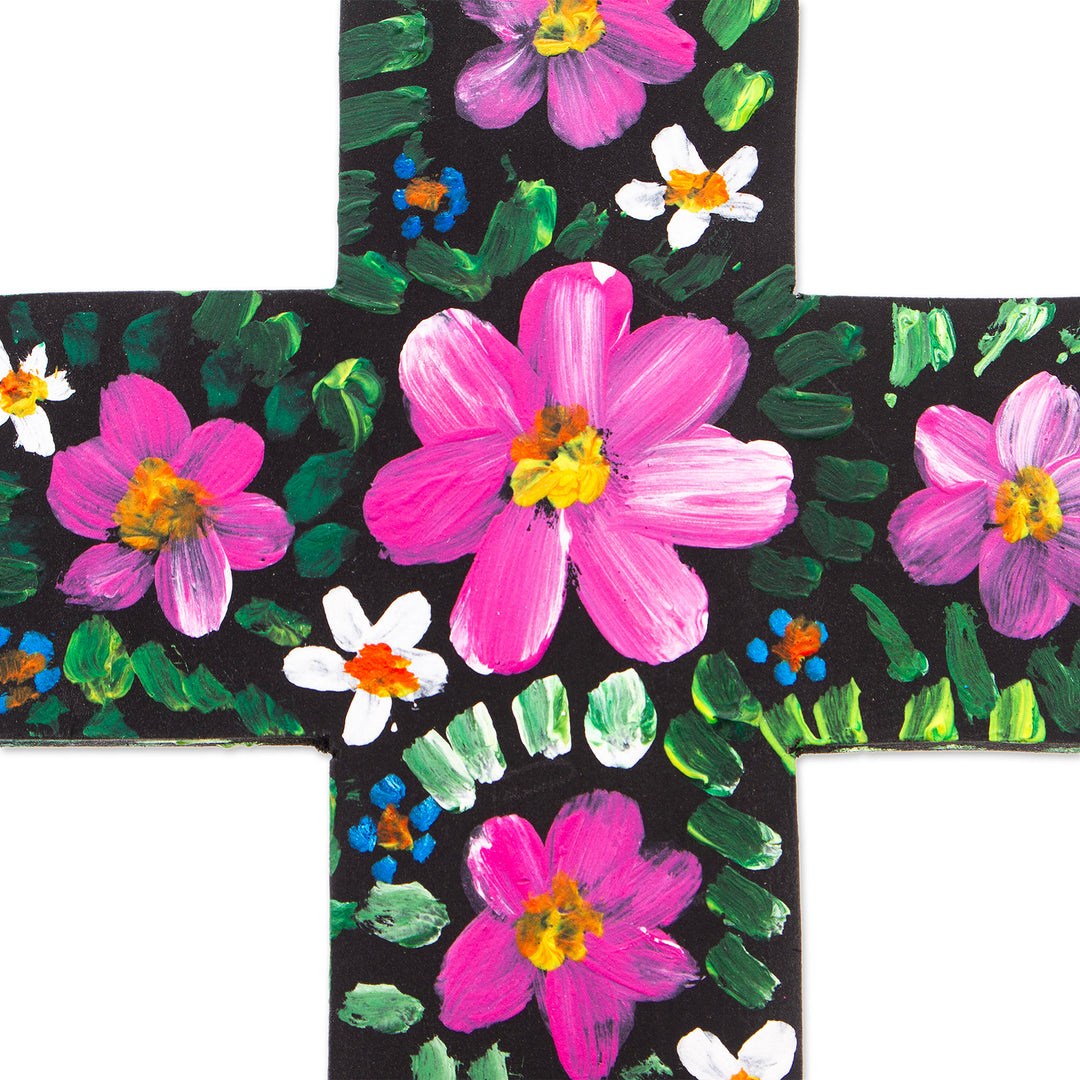 Hand-Painted Floral Magenta and Green Wood Cross from Mexico - Magenta Prayers