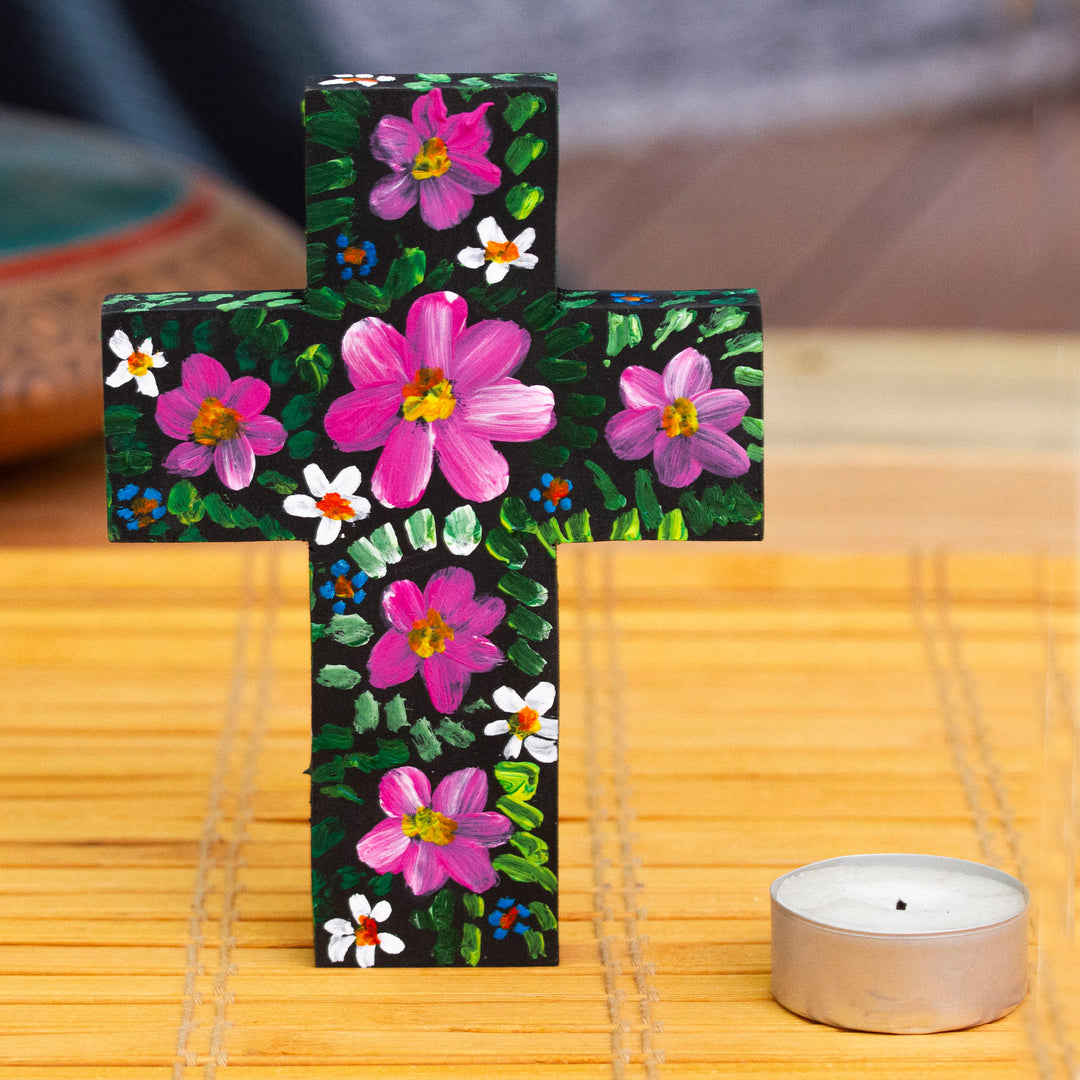 Hand-Painted Floral Magenta and Green Wood Cross from Mexico - Magenta Prayers
